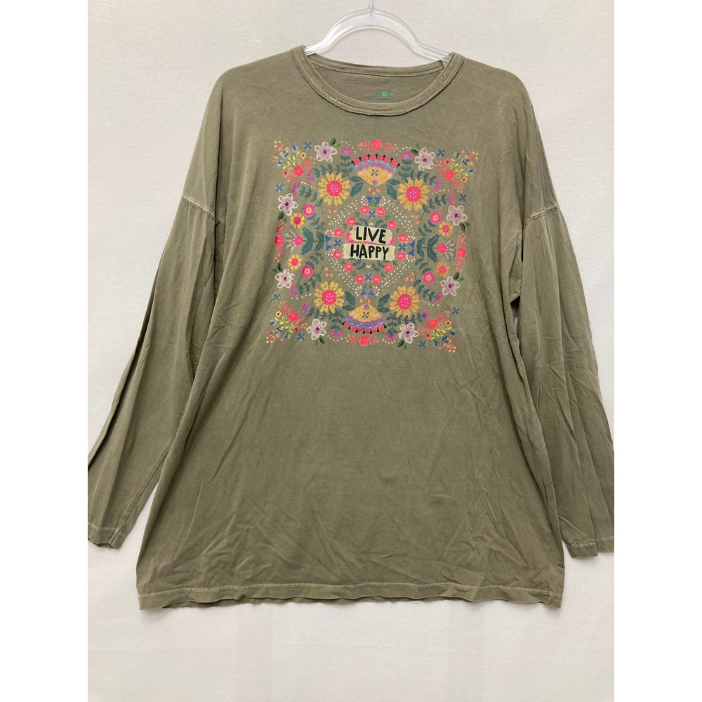 Natural Life T-Shirt Size Large Olive Green Graphic Live Happy Floral Boho Relax